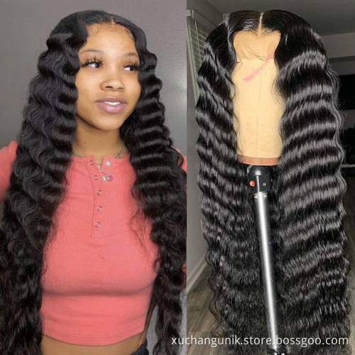 Uniky Natural Black Color Cuticle Aligned Unprocessed Virgin Human Hair Deep Wave Lace Frontal Wig